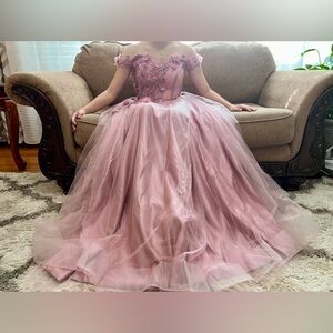 Dusty-Rose Rose Ball Gown Long Off Shoulder Mesh Tulle Women’s Evening Dress